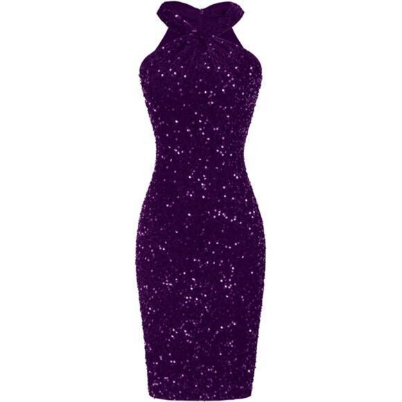 Womens Sequin Dress Sleeveless Sparkly Glitter Halter Purple - Picture 1 of 5
